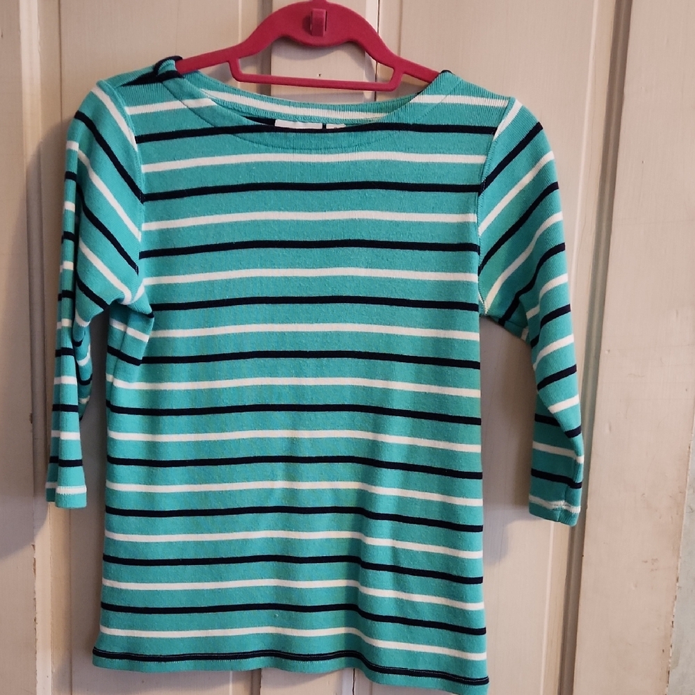 L.L. Bean Girls' Turquoise, Navy & White Striped Long-Sleeve Top